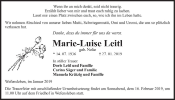 Traueranzeige von Marie-Luise Leitl (geb. Nolte)  von Magdeburger Volksstimme