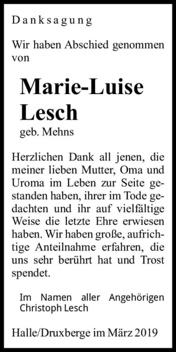 Traueranzeige von Marie-Luise Lesch (geb. Mehns)  von Magdeburger Volksstimme