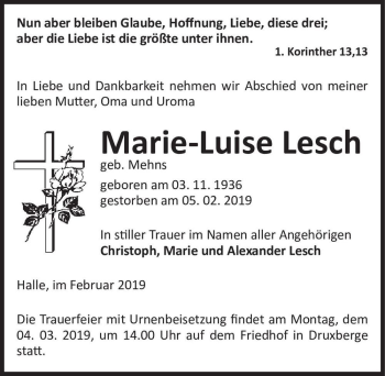 Traueranzeige von Marie-Luise Lesch (geb. Mehns)  von Magdeburger Volksstimme