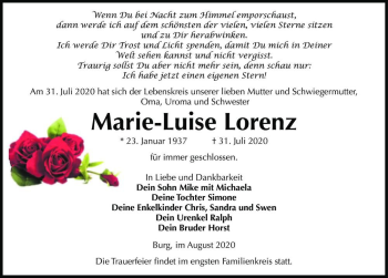 Traueranzeige von Marie-Luise Lorenz  von Magdeburger Volksstimme