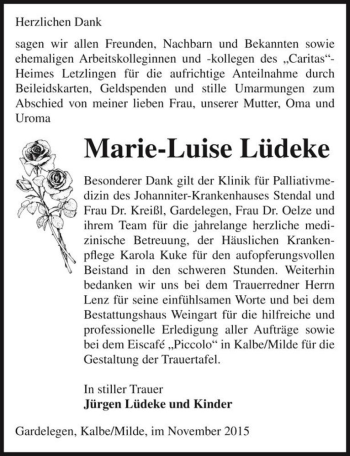 Traueranzeige von Marie-Luise Lüdeke  von Magdeburger Volksstimme