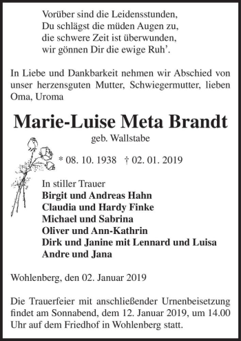 Traueranzeige von Marie-Luise Meta Brandt (geb. Wallstabe)  von Magdeburger Volksstimme