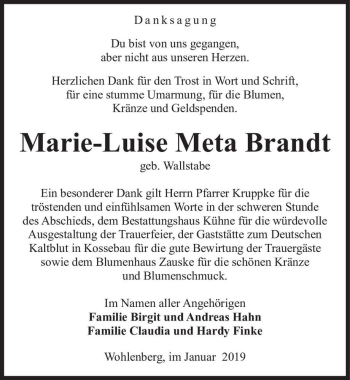 Traueranzeige von Marie-Luise Meta Brandt (geb. Wallstabe)  von Magdeburger Volksstimme