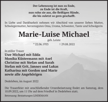 Traueranzeige von Marie-Luise Michael (geb. Leiste)  von Magdeburger Volksstimme