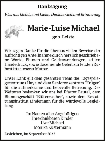 Traueranzeige von Marie-Luise Michael (geb. Leiste)  von Magdeburger Volksstimme