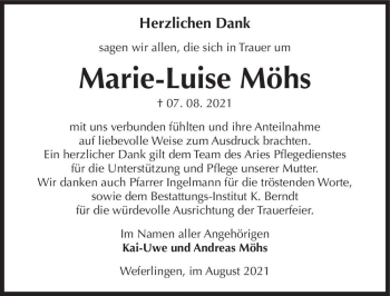 Traueranzeige von Marie-Luise Möhs  von Magdeburger Volksstimme