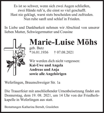 Traueranzeige von Marie-Luise Möhs (geb. Butz)  von Magdeburger Volksstimme
