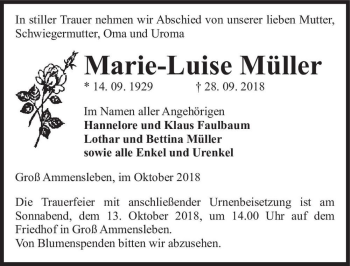Traueranzeige von Marie-Luise Müller  von Magdeburger Volksstimme