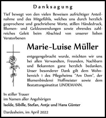 Traueranzeige von Marie-Luise Müller  von Magdeburger Volksstimme