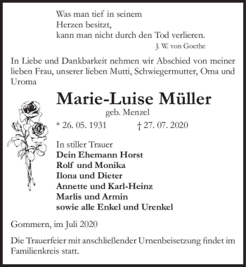 Traueranzeige von Marie-Luise Müller (geb. Menzel)  von Magdeburger Volksstimme