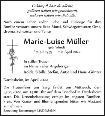 Traueranzeige von Marie-Luise Müller (geb. Wendt)  von Magdeburger Volksstimme