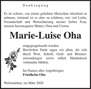 Traueranzeige von Marie-Luise Oha  von Magdeburger Volksstimme