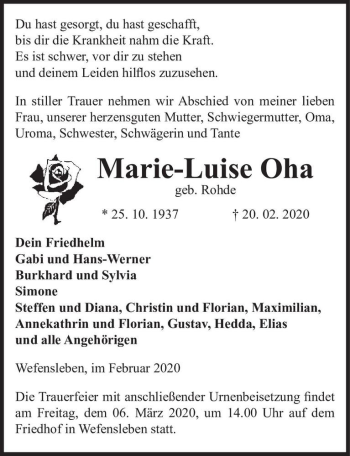 Traueranzeige von Marie-Luise Oha (geb. Rohde)  von Magdeburger Volksstimme