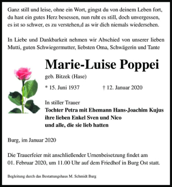 Traueranzeige von Marie-Luise Poppei (geb. Bitzek)  von Magdeburger Volksstimme
