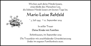 Traueranzeige von Marie-Luise Rehfeld  von Magdeburger Volksstimme