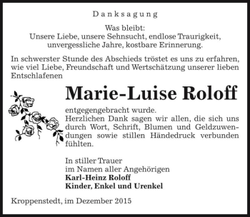 Traueranzeige von Marie-Luise Roloff  von Magdeburger Volksstimme