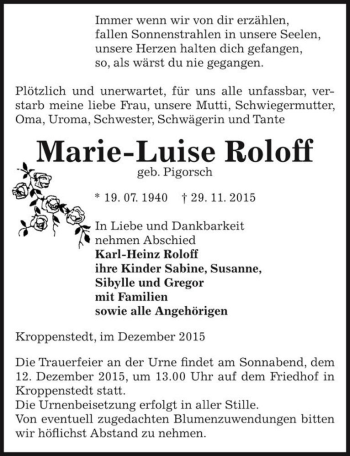 Traueranzeige von Marie-Luise Roloff (geb. Pigorsch)  von Magdeburger Volksstimme