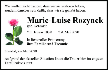 Traueranzeige von Marie-Luise Rozynek (geb. Schmidt)  von Magdeburger Volksstimme
