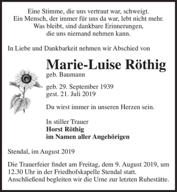 Traueranzeige von Marie-Luise Röthig (geb. Baumann)  von Magdeburger Volksstimme