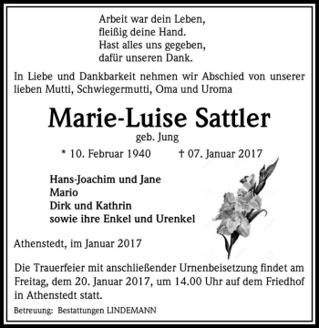 Traueranzeige von Marie-Luise Sattler (geb. Jung)  von Magdeburger Volksstimme