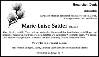 Traueranzeige von Marie-Luise Sattler (geb. Jung)  von Magdeburger Volksstimme