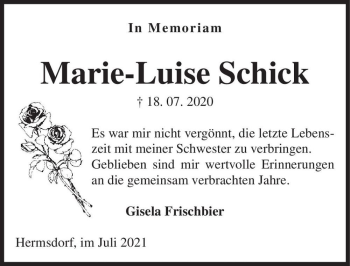 Traueranzeige von Marie-Luise Schick  von Magdeburger Volksstimme