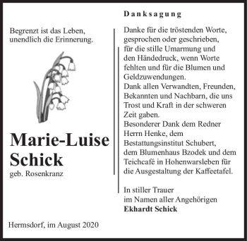 Traueranzeige von Marie-Luise Schick (geb. Rosenkranz)  von Magdeburger Volksstimme