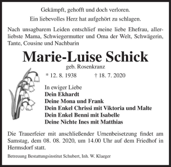Traueranzeige von Marie-Luise Schick (geb. Rosenkranz)  von Magdeburger Volksstimme