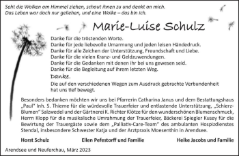 Traueranzeige von Marie-Luise Schulz  von Magdeburger Volksstimme
