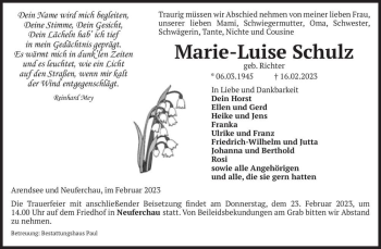 Traueranzeige von Marie-Luise Schulz (geb. Richter)  von Magdeburger Volksstimme