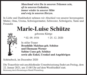 Traueranzeige von Marie-Luise Schütze (geb. Kärtge)  von Magdeburger Volksstimme