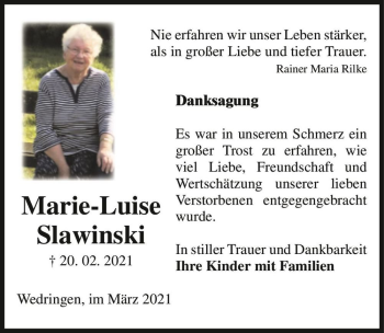 Traueranzeige von Marie-Luise Slawinski  von Magdeburger Volksstimme