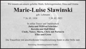 Traueranzeige von Marie-Luise Slawinski (geb. Lehmann)  von Magdeburger Volksstimme