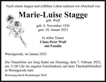 Traueranzeige von Marie-Luise Stagge (geb. Wulf)  von Magdeburger Volksstimme