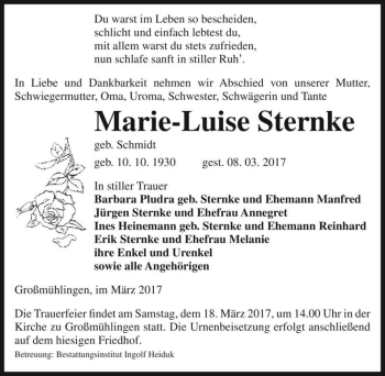 Traueranzeige von Marie-Luise Sternke (geb. Schmidt)  von Magdeburger Volksstimme