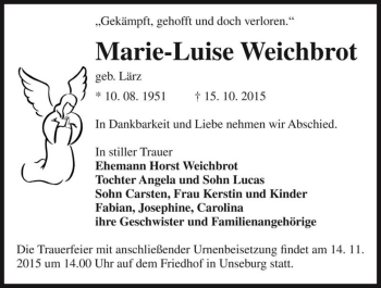 Traueranzeige von Marie-Luise Weichbrot (geb. Lärz)  von Magdeburger Volksstimme