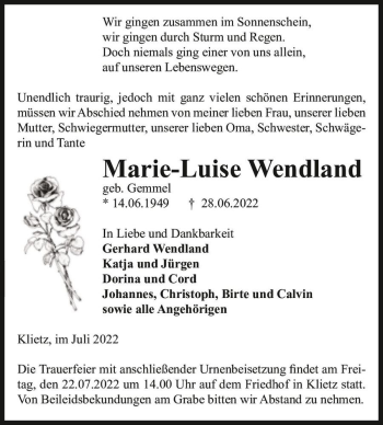 Traueranzeige von Marie-Luise Wendland (geb. Gemmel)  von Magdeburger Volksstimme