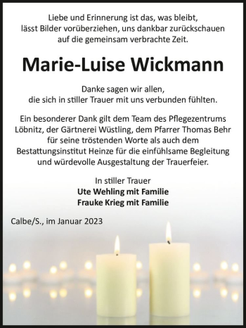 Traueranzeige von Marie-Luise Wickmann  von Magdeburger Volksstimme