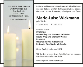 Traueranzeige von Marie-Luise Wickmann (geb. Wurbs)  von Magdeburger Volksstimme