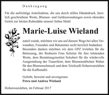 Traueranzeige von Marie-Luise Wieland  von Magdeburger Volksstimme