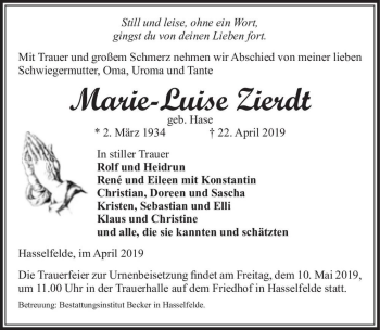 Traueranzeige von Marie-Luise Zierdt (geb. Hase)  von Magdeburger Volksstimme