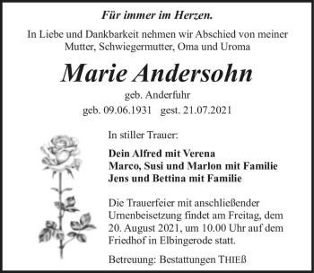Traueranzeige von Marie Andersohn (geb. Anderfuhr)  von Magdeburger Volksstimme