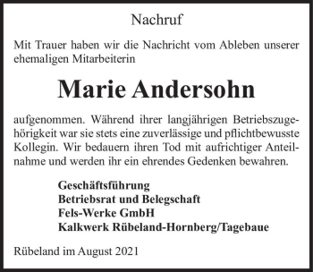 Traueranzeige von Marie Anderson  von Magdeburger Volksstimme