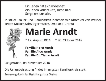 Traueranzeige von Marie Arndt  von Magdeburger Volksstimme