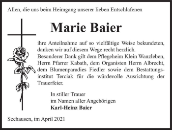 Traueranzeige von Marie Baier  von Magdeburger Volksstimme