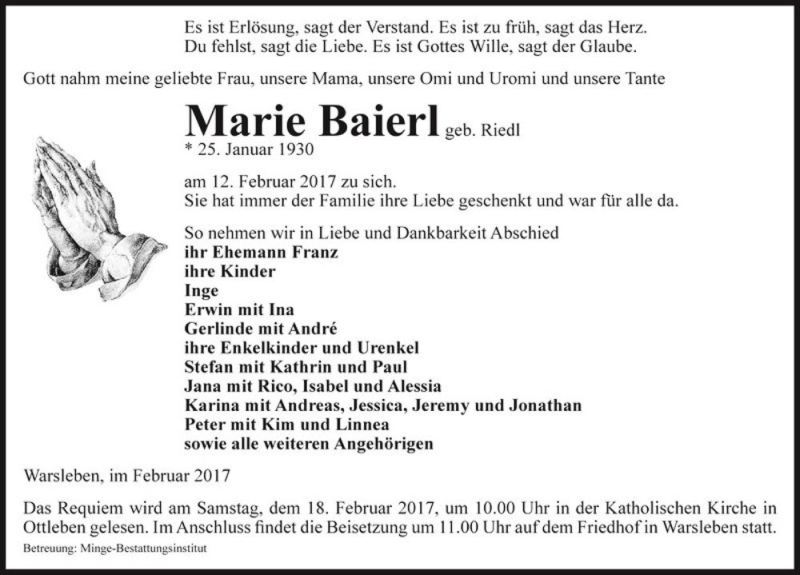  Traueranzeige für Marie Baierl (geb. Riedl)  vom 16.02.2017 aus Magdeburger Volksstimme