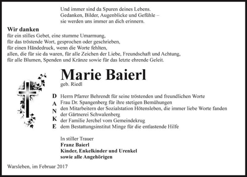  Traueranzeige für Marie Baierl (geb. Riedl)  vom 24.02.2017 aus Magdeburger Volksstimme