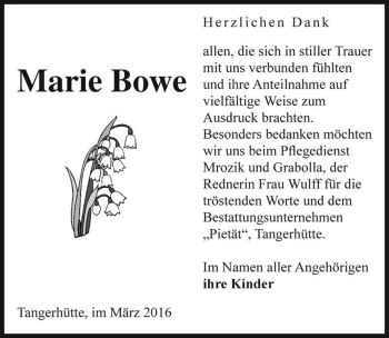 Traueranzeige von Marie Bowe  von Magdeburger Volksstimme