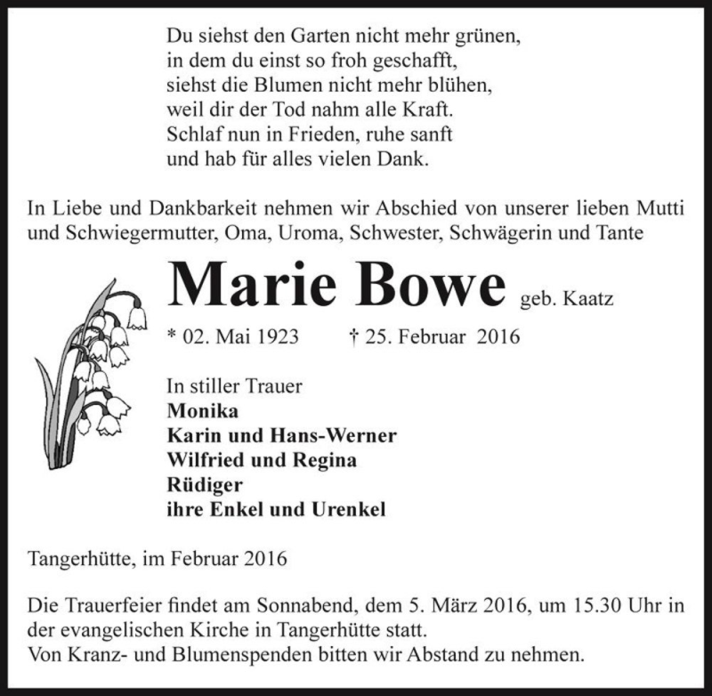  Traueranzeige für Marie Bowe (geb. Kaatz)  vom 27.02.2016 aus Magdeburger Volksstimme