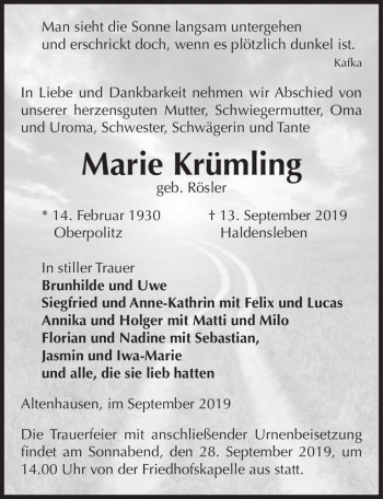 Traueranzeige von Marie Christine Krümling (geb. Rösle)  von Magdeburger Volksstimme